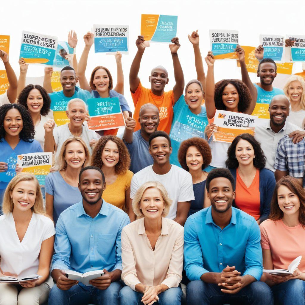 A diverse group of smiling patients engaged in a community support meeting, with a backdrop of uplifting posters about survivorship. Bright, hopeful colors dominate the scene, symbolizing empowerment and knowledge. Include elements like open books, laptops, and supportive hands raised together, conveying unity and strength. super-realistic. vibrant colors. white background.