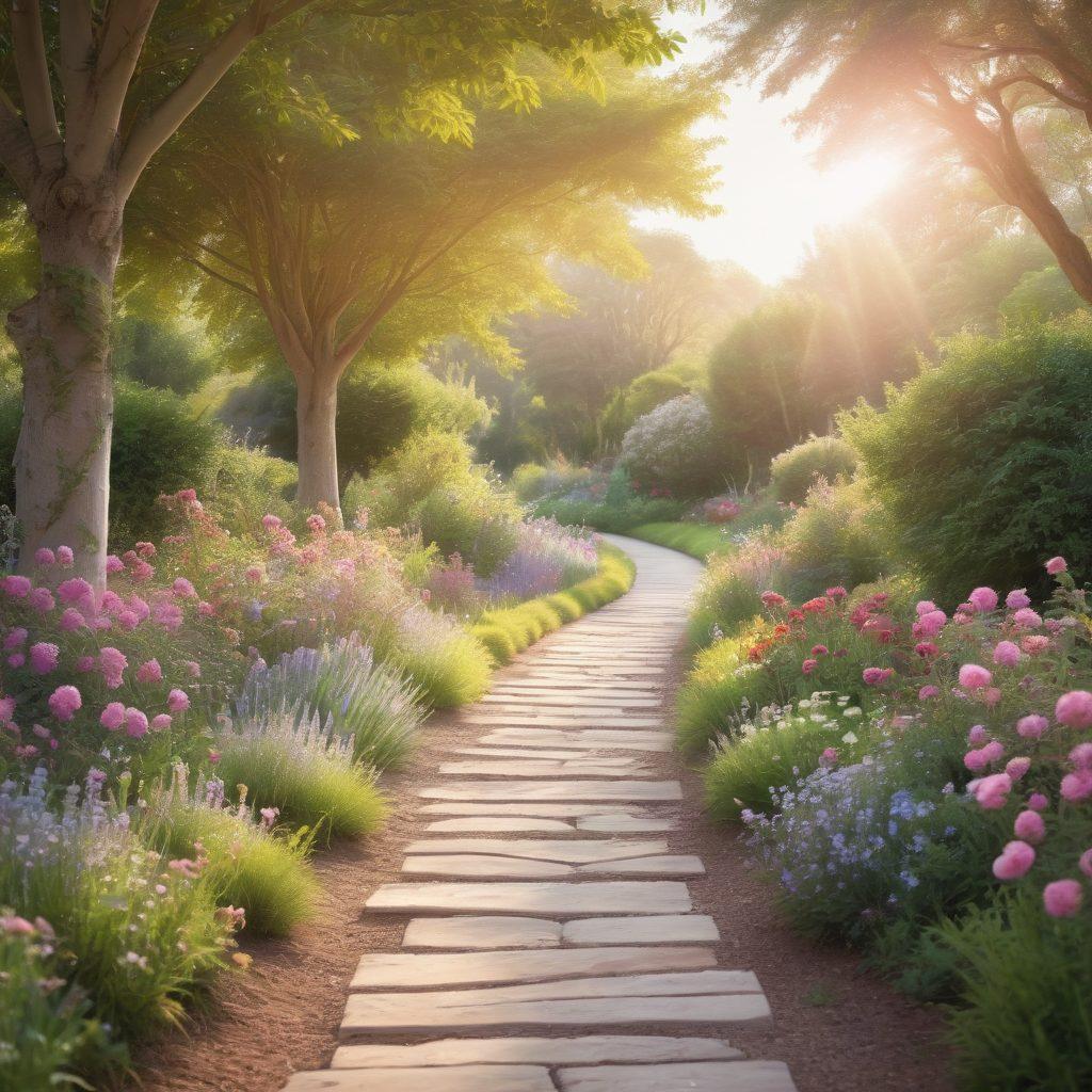A serene landscape depicting a pathway leading through a lush garden towards a bright horizon, symbolizing hope and support for cancer patients. Along the path, include various supportive resources like books, a digital tablet, and a comforting hand reaching out. The scene should exude warmth and optimism with a mix of soft pastels and sunlight filtering through trees. soft focus. vibrant colors. peaceful atmosphere.
